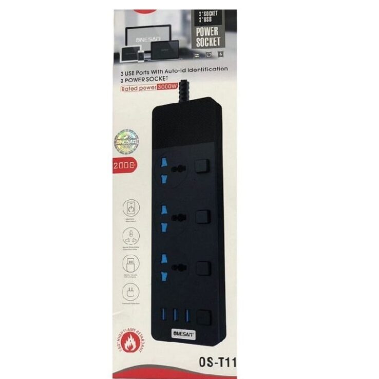 Onesam Universal Power Plug 3 Socket; 3 USB Port - AjmanShop