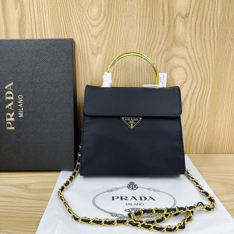 Prada Handbag with Gold Metal Handle Message Bag- AjmanShop