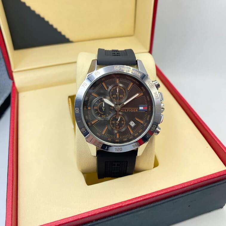 Tommy Hilfiger Leather Watch Silver Black- Ajmanshop (1)