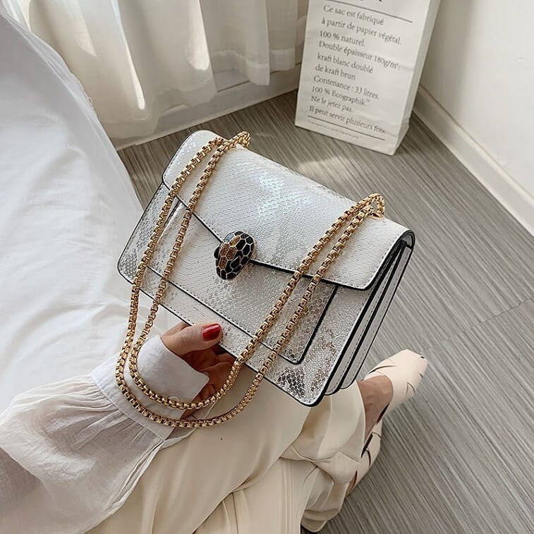 White Women Clutch with Snake Python Skin Handbag - AjmanShop